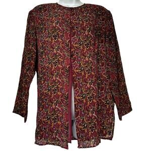vintage silk boutique red gold floral side slit button up blouse Size S